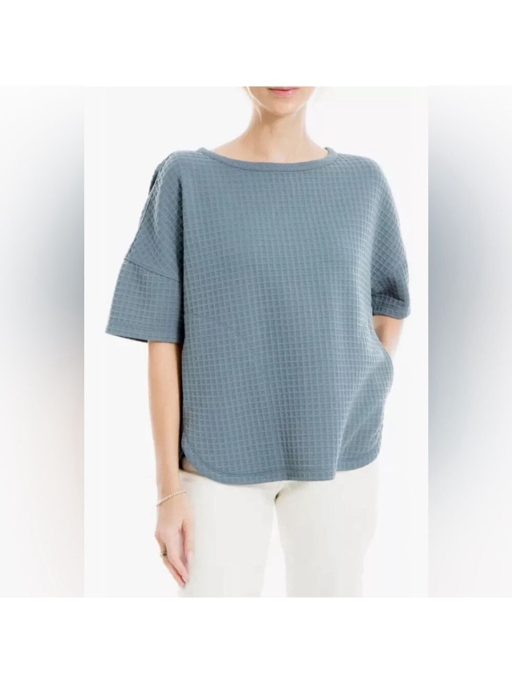 Max studio London Waffle Knit Top Flint Blue 3/4 length sleeve sz XL